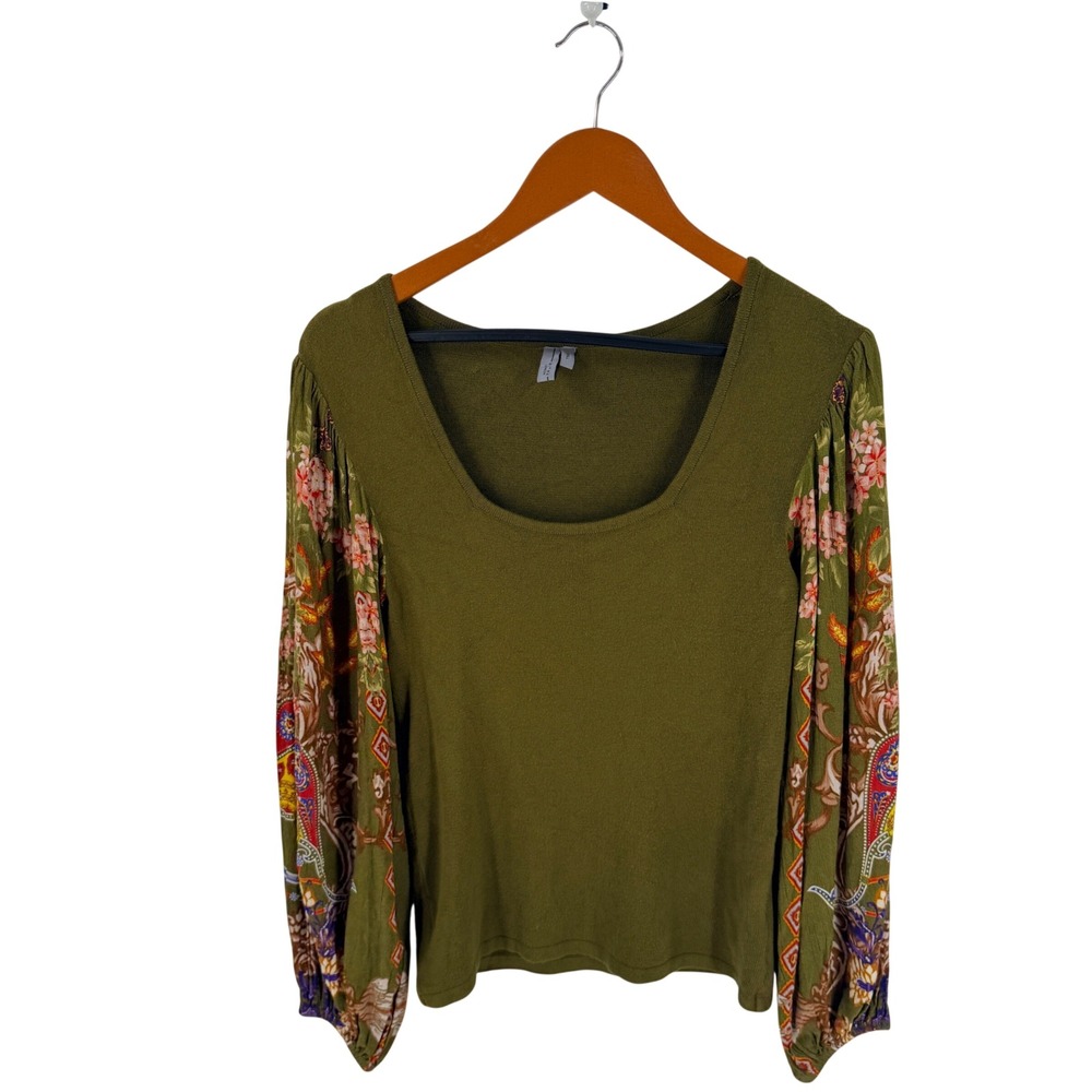 Anthropologie Blank London Knit Top Olive Small Floral Paisley Mixed Media Boho